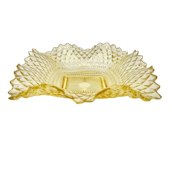 Vintage Square Clear & Yellow Diamond Cut Glass Bowls Set Of 2 - Picture 4 of 5